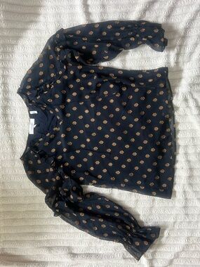 Lark & Ro Navy Long-Sleeve Ruffle Blouse with Gold Motif